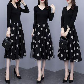 Doted Mesh Panel Midi Knit Dress