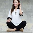 Set: Contrast Trim Elbow-sleeve Chinese Traditional Blouse + Straight-fit Pants
