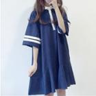 Striped Elbow-sleeve Collared A-line Dress