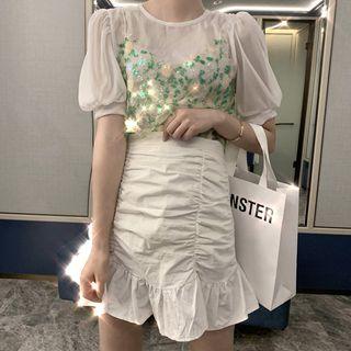 Puff-sleeve Plain Blouse + Sequined Camisole / High-waist Ruffled Mermaid Skirt