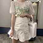 Puff-sleeve Plain Blouse + Sequined Camisole / High-waist Ruffled Mermaid Skirt