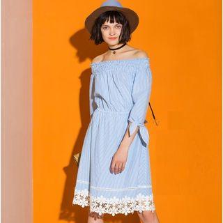Off-shoulder Striped Crochet Trim A-line Dress