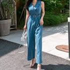 Sleeveless Belt-waist Jumpsuit