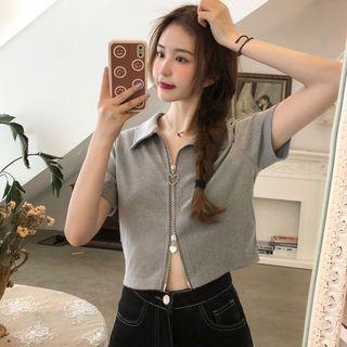 Short-sleeve Collared Zip Crop Top