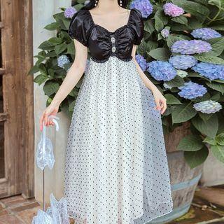 Puff-sleeve Panel Dotted Midi A-line Dress
