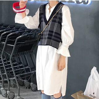 Long-sleeve Midi Shirt Dress / Plaid Knit Vest