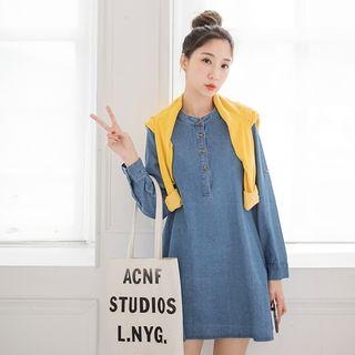 Band Collar Denim Shirtdress