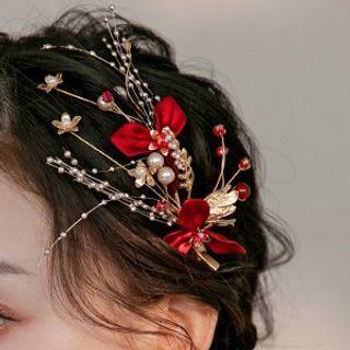 Set : Wedding Flower Branches Dangle Earring + Headpiece + Choker Set - 1 Pair Earring & Headpiece & Choker - Red - One Size