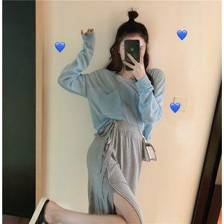 Plain Long-sleeve Loose-fit Top / High-waist Skirt