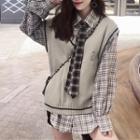 Embroidered Knit Vest / Plaid Shirt With Tie