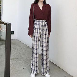 Double-breasted Blouse / Plaid Wide-leg Pants
