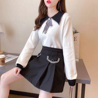 Set: Peter Pan-collar Bow Accent Knit Top + High-waist Plain Mini Skirt