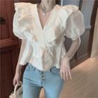Ruffled Puff-sleeve Cropped Peplum Blouse As Shown In Figure - One Size