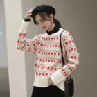 Round Neck Floral Sweater White - One Size