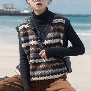 Patterned Sweater Vest Pattern - Coffee & Gray & White - One Size