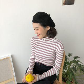 Striped Turtle-neck Slim-fit Knit Top