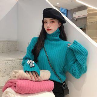 Turtle Neck Long-sleeve Patched Ribbed Knit Top