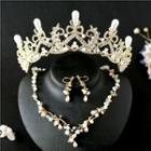 Wedding Set: Faux Pearl Rhinestone Tiara + Necklace + Dangle Earring