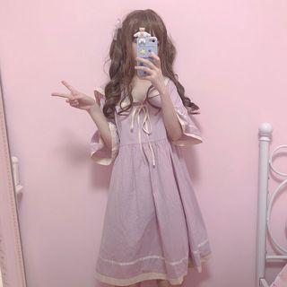 Contrast Trim Elbow-sleeve Collared A-line Dress