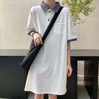 Elbow-sleeve Polo Dress White - One Size