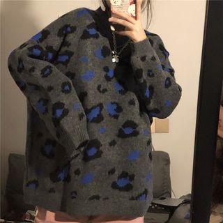 Leopard Round Neck Sweater Dark Gray - One Size
