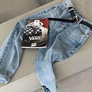 Washed Tapered Jeans / Pants With Belt