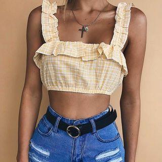 Spaghetti Strap Plaid Frill Trim Crop Top