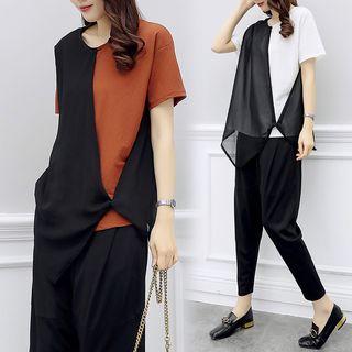 Set: Chiffon Panel Short-sleeve T-shirt + Harem Pants