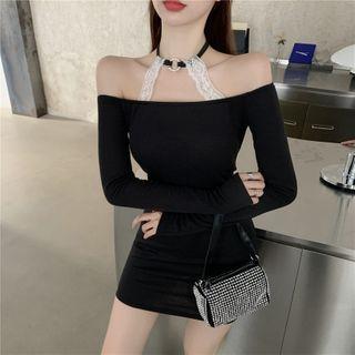Long-sleeve Halter Off-shoulder Mini Sheath Dress