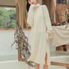 Long-sleeve Turtleneck Midi Shift Knit Dress 5811# - Almond - One Size
