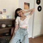 Balloon-sleeve Drawstring Cropped T-shirt