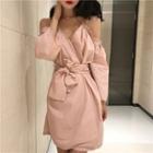 Long-sleeve Cold-shoulder Mini A-line Dress Pink - One Size