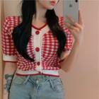 Short-sleeve Gingham Cropped Cardigan Red - One Size