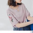 Short-sleeve Flower Embroidered Cutout Top
