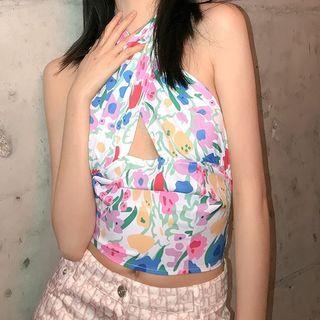 Halter-neck Floral Print Cutout Top