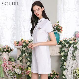 Flower Embroidered Short Sleeve Polo Shirt Dress