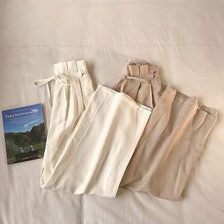 Plain High-waist Lace-up Wide-leg Pants