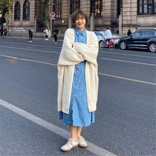 Long Cable Knit Cardigan / Long-sleeve Midi A-line Shirtdress