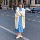 Long Cable Knit Cardigan / Long-sleeve Midi A-line Shirtdress