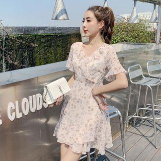 Ruffled Floral Print Short-sleeve Mini A-line Dress