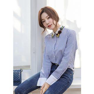 Flower Embroidered-collar Stripe Shirt Blue - One Size