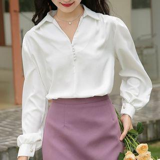 V-neck Faux Pearl Blouse White - One Size