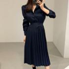 Plain Long-sleeve Midi Pleated Dress
