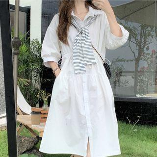 Plain Midi A-line Shirtdress / Striped Shawl