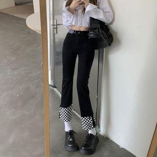 Check Panel High Waist Bootcut Jeans