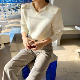 Sailor-collar Furry Rib-knit Top