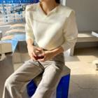 Sailor-collar Furry Rib-knit Top