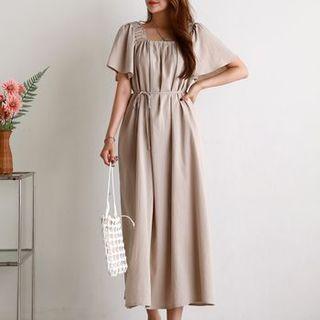 Bell-sleeve Square-neck Long Dress With Sash