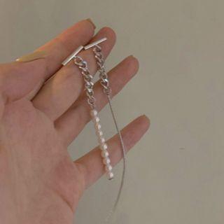 Non-matching Faux Pearl Chain Dangle Earring 1 Pair - Silver - One Size
