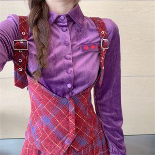 Long-sleeve Heart Embroidered Velvet Shirt / Plaid Buckled Mini A-line Overall Dress